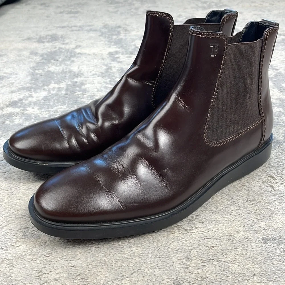 Tods Chelsea Boots Dark Brown Glossy Smooth Leather Shoes US 7.5